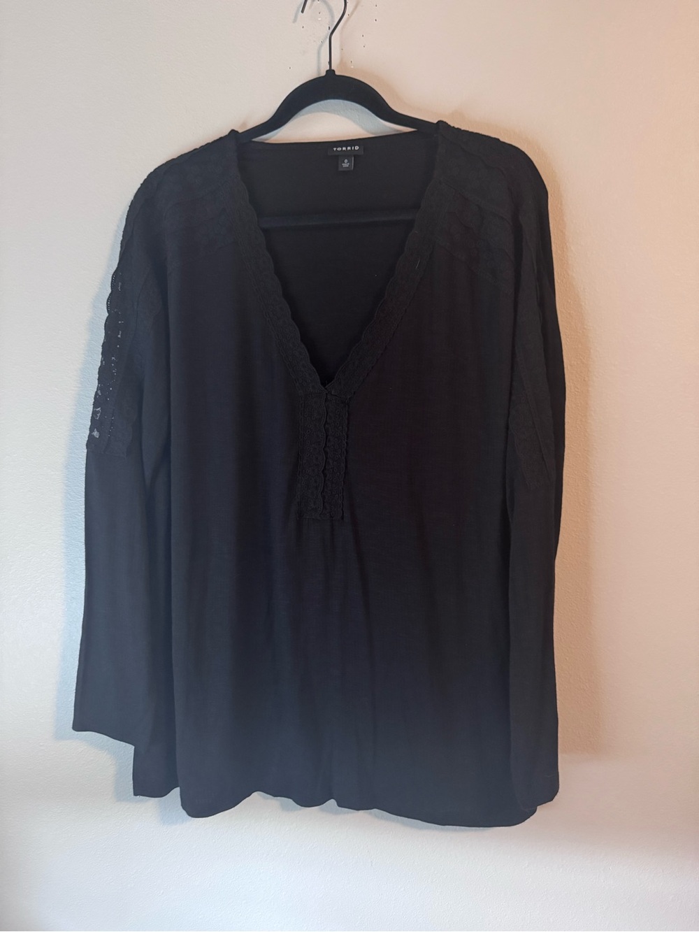 Torrid Black V-Neck Lace Trim Long Sleeve Top